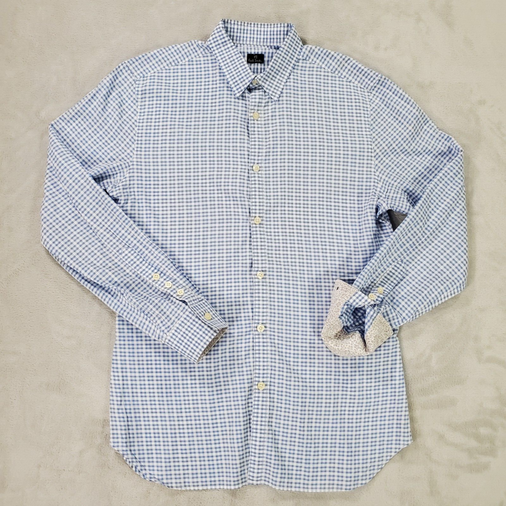 Paul Smith Button Up Shirt Men Small Slim Fit Blue Shepherd Check Flip Cuff
